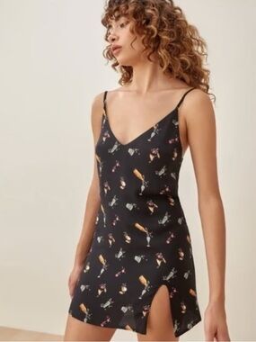 Reformation Black Marlowe dress in Cocktail Party Print